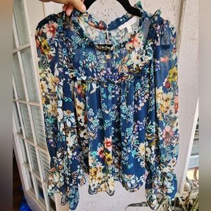 Eri + Ali Floral Chiffon Long Sleeve Ruffle Blue Multi Color Blouse Sz M